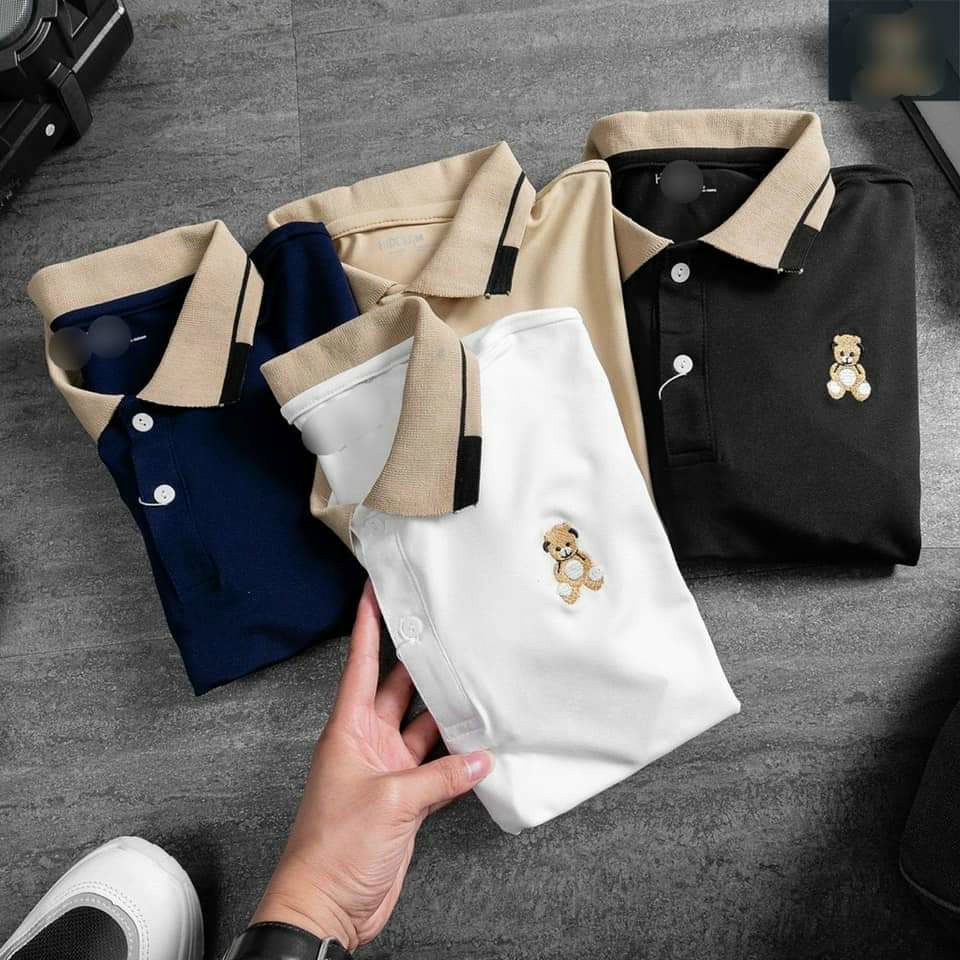 Áo polo nam phối cổ tay thêu gấu siêu sang