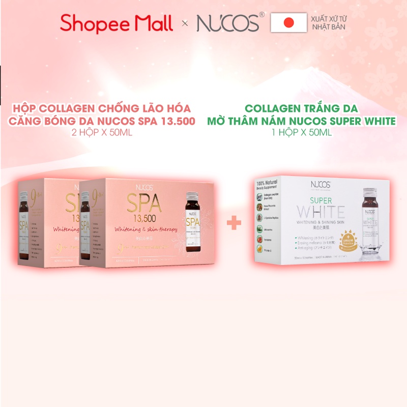 Combo liệu trình nước uống collagen đẹp da giảm thâm nám Nucos Spa 13500 và Nucos Super White 3 hộp x 10 chai x 50ml