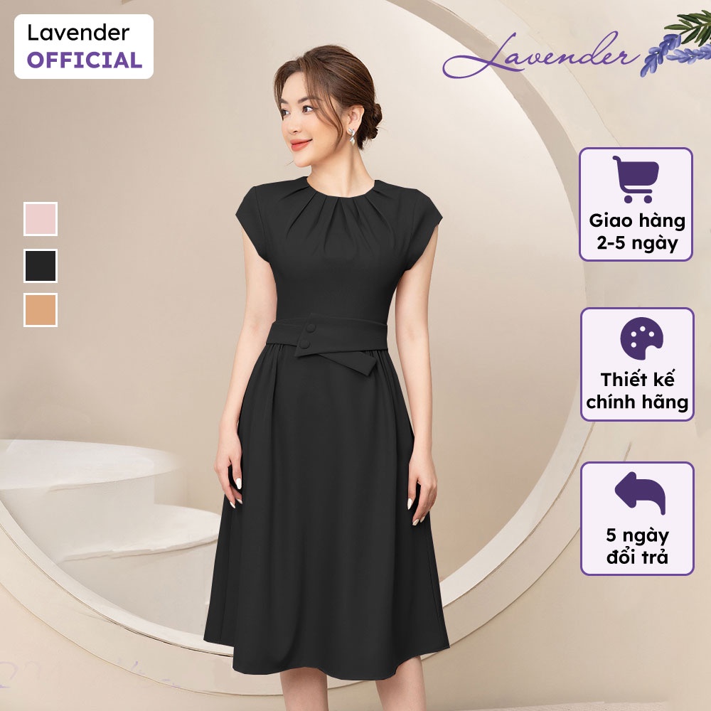 Đầm công sở thiết kế LAVENDER dáng xòe cổ xếp ly cao cấp D2432