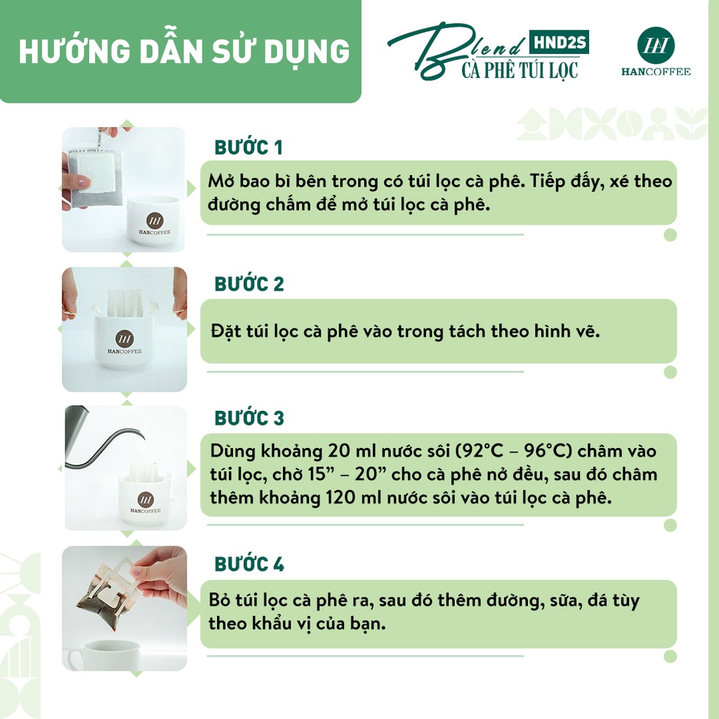 Cà phê phin giấy HANCOFFEE túi lọc nguyên chất tiện lợi Blend đắng nhẹ, ngọt sâu hộp 5/10 gói - HND2(S)