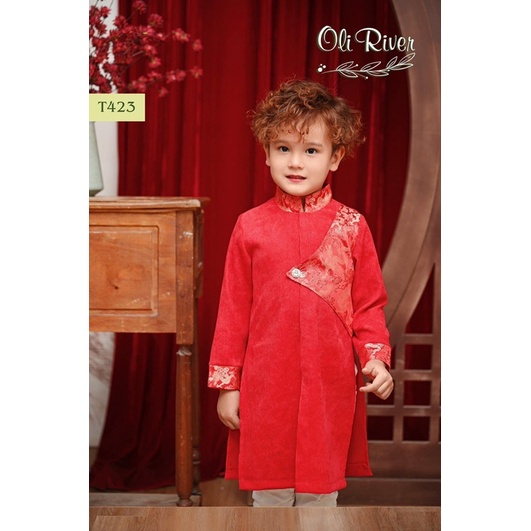 Áo dài bé trai nhung tăm phối gấm đỏ Oli River 1Y-10Y