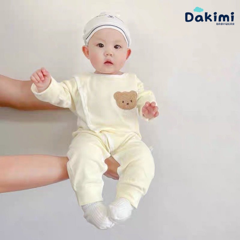 Bodysuit dài tay cho bé DAKIMI Đính Gấu đáng yêu, chất Thun mềm mịn thấm hút tốt mồ hôi.Mẫu quần áo sơ sinh bé gái 0-12M