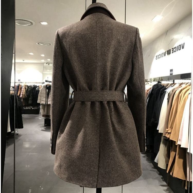 Áo Khoác Blazer Len Eo Cao Buộc Dây Họa Tiết Xương Cá Phong Cách Hàn Quốc Thời Trang Thu Đông 2022 Mới