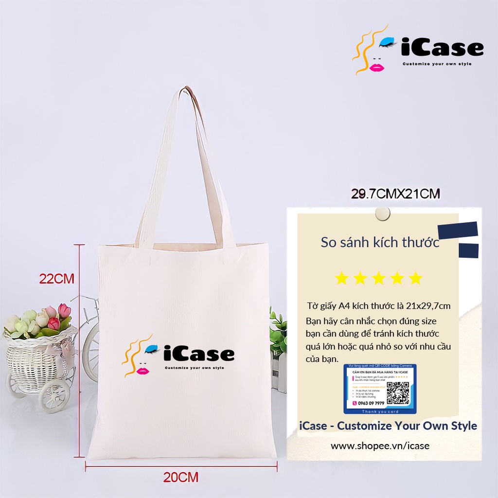 Túi vải Canvas màu đen có khóa kéo iCase in logo theo yêu cầu kích thước 33x38x10cm