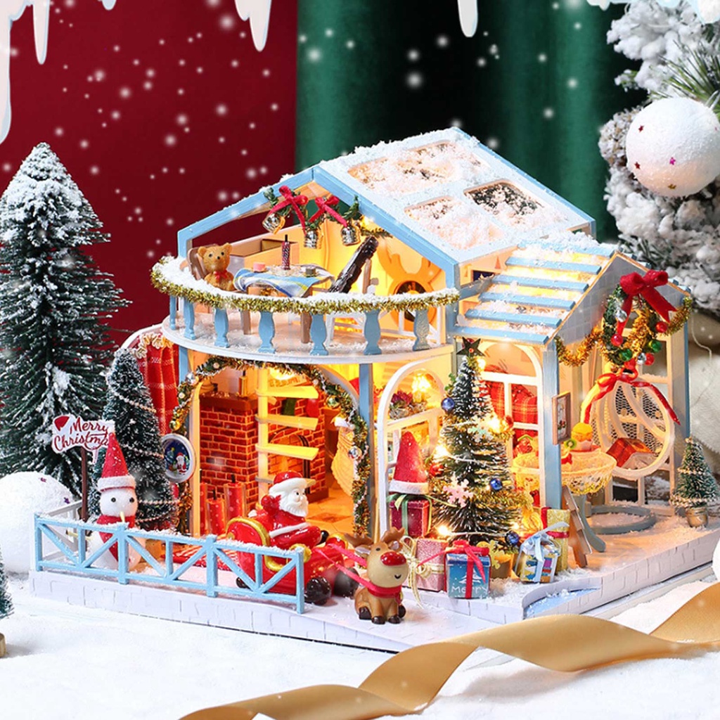 [Hàng Sẵn] Nhà búp bê bằng gỗ Giáng sinh lắp ghép thu nhỏ với đồ nội thất Mô hình quà tặng chơi【Summer062】