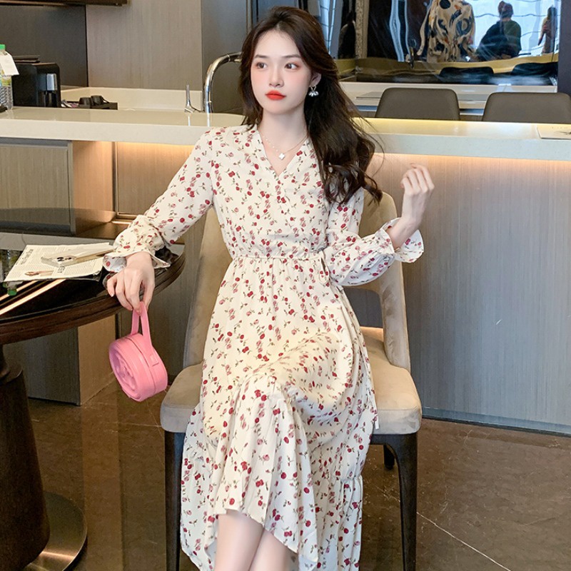 Đầm Voan Hoa Dài Tay Cổ Chữ V Thiết Kế Mới Thời Trang Mùa Thu Dành Cho Nữ