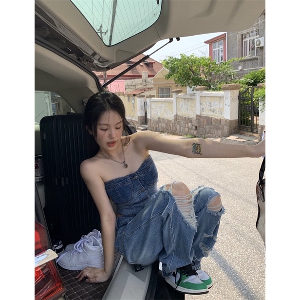 Áo ống jean croptop Cúp ngực Áo ống bò quây ngực croptop sexy Đi quẩy bar pub Dạo phố Ôm body Quyến rũ | BigBuy360 - bigbuy360.vn