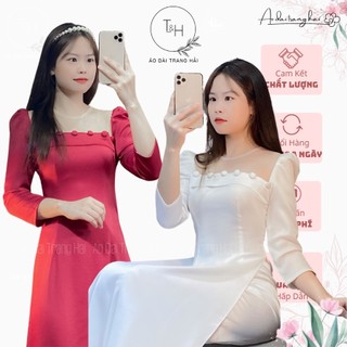 Áo dài cách tây cổ vuông tay nồng lỡ, áo dài tây thi 2 tà đính cúc ở cổ trẻ trung