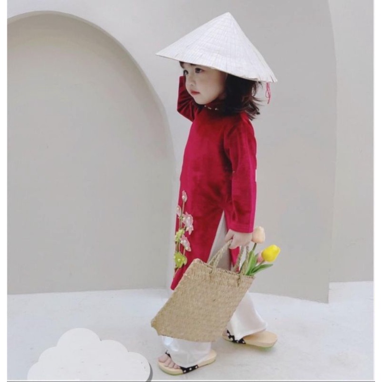 Set 3 chi tiết  áo dài nhung thêu hoa sen kèm bờm ngọc  xinh xắn bé gái .