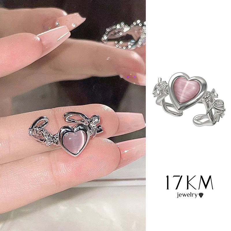 Nhẫn hở 17KM hình trái tim đính đá opal