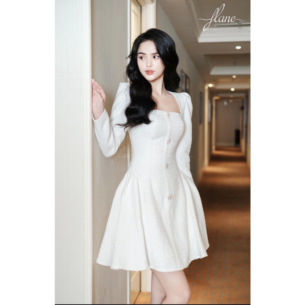 VÁY DẠ TWEED CỔ VUÔNG KHUY ĐÁ [Kèm Ảnh Thật]