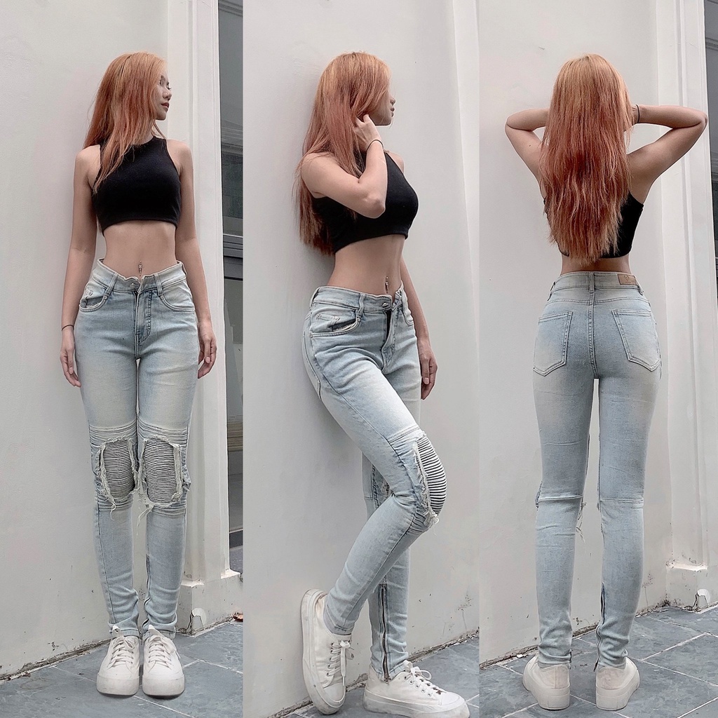 Quần jean nữ 2 biker màu bạc Lexuza 0102 cá tính