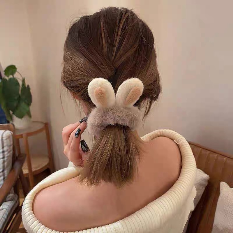 Dây Cột Tóc Cao Su Hình Tai Thỏ / Gấu Bằng Lông Nhung Dễ Thương Xinh Xắn