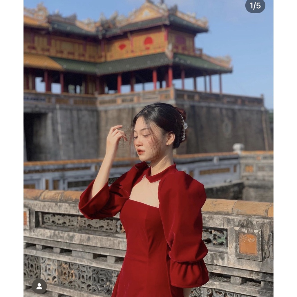 ĐẦM ĐỎ NHUNG CHOKER PHÓI LƯỚI TAY DÀI