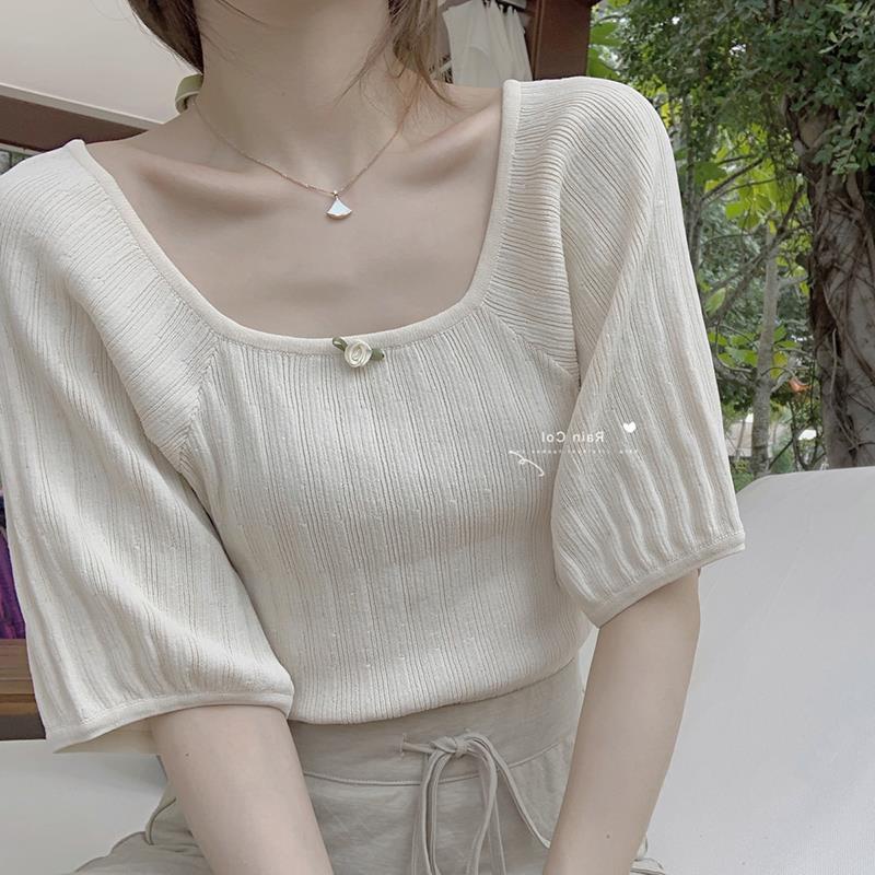 Áo Dệt Kim Tay Ngắn Cổ Vuông Dáng Rộng Vải Lụa Mát Thời Trang Cao Cấp Cho Nữ