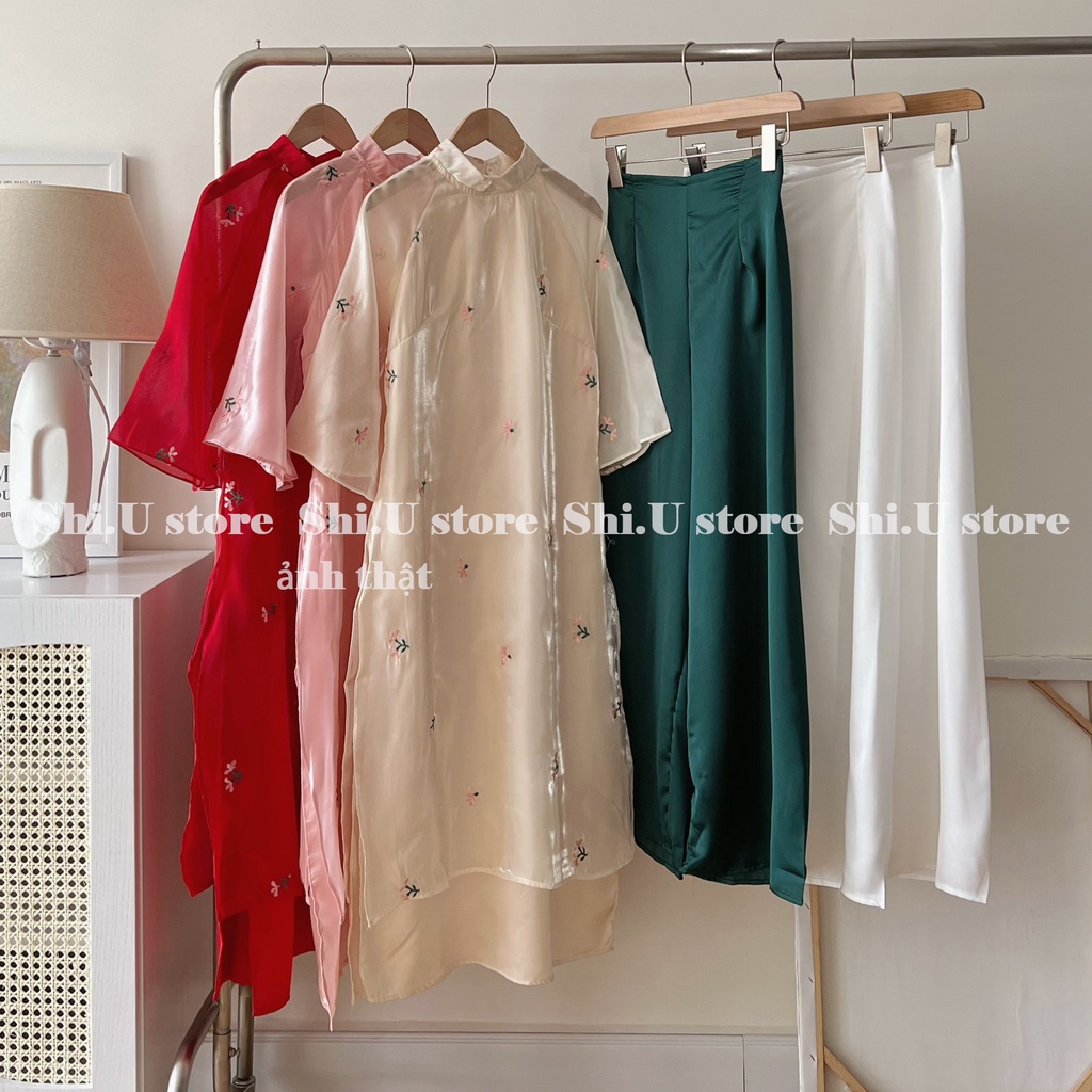 Set áo dài cách tân Tết voan tơ thêu hoa 4 tà nhiều màu xinh xắn