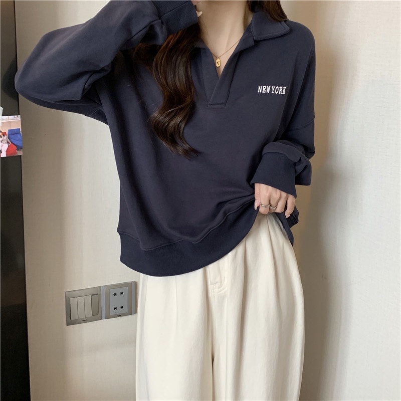 Áo sweatshirt SUXI tay dài cổ bẻ phong cách Hàn Quốc thời trang dành cho nữ