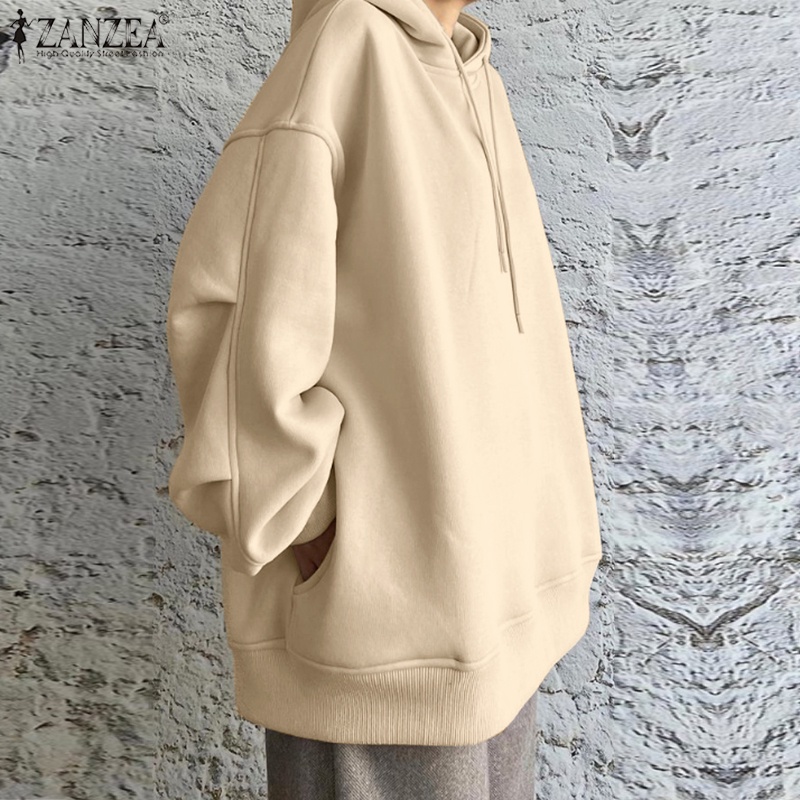 Áo hoodie ZANZEA dài tay màu trơn phong cách Hàn Quốc trẻ trung cho nữ