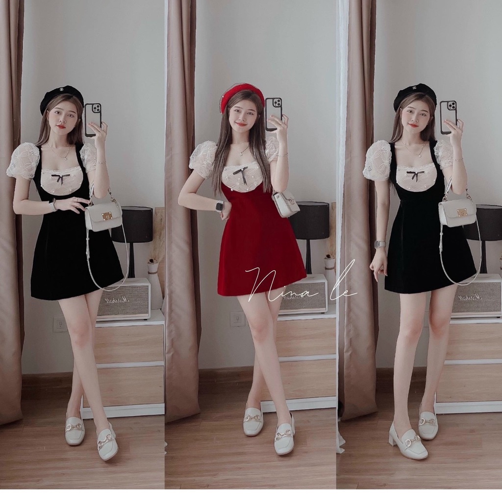 váy đầm nữ mini dáng xòe tiểu thư tay phồng cổ đính ngọc kèm nơ xinh xắn