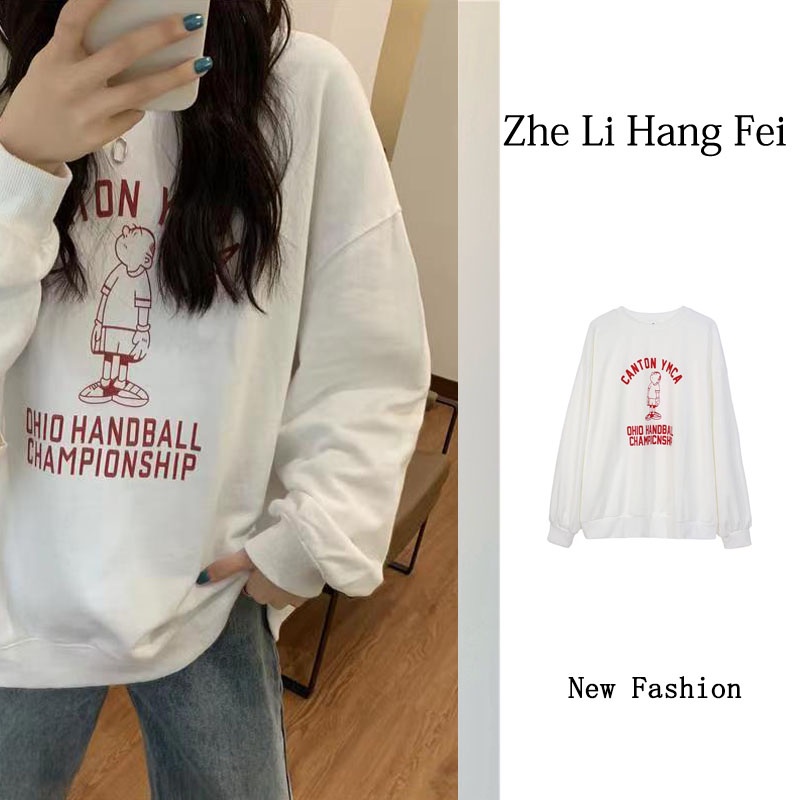 ZHELIHANGFEI Áo Nỉ Cổ Tròn Form Rộng Họa Tiết Hoạt Hình Vui Nhộn