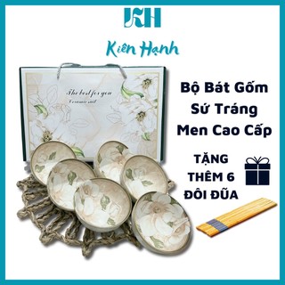 Bộ bát 6 chén gốm sứ bát tràng tráng men hình hoa cao cấp - kh