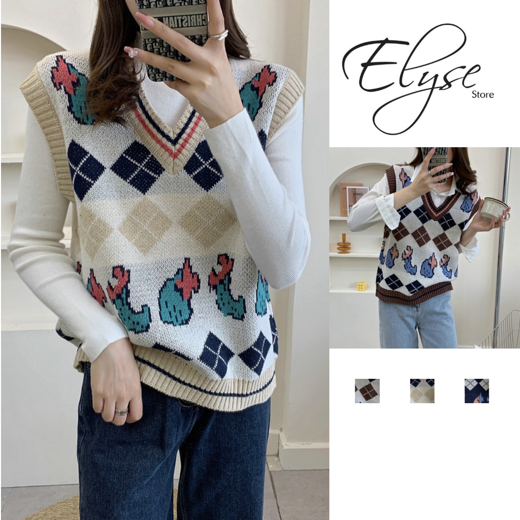 Áo gile len nữ cổ V vintage họa tiết thổ cẩm kim cương phối viền Phong cách Hàn Quốc G-4 CS
