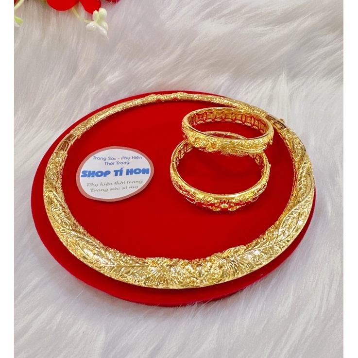 Set bộ kiềng vòng cưới khắc hình rồng phụng tinh sảo mạ vàng 24 cao cấp ( gồm 1 kiềng cổ 2 vòng tay )