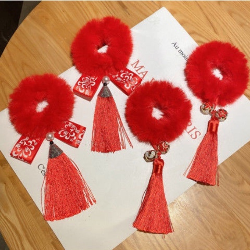Dây Cột Tóc Đính Bóng Lông Tua Rua Màu Đỏ Phong Cách Trung Hoa Dễ Thương