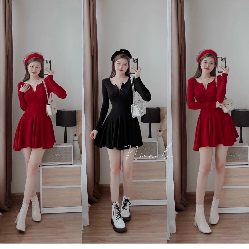 Váy đầm nữ dáng xoè tay dài cổ xẻ trẻ trung đáng yêu chất thun gân mềm mại DX