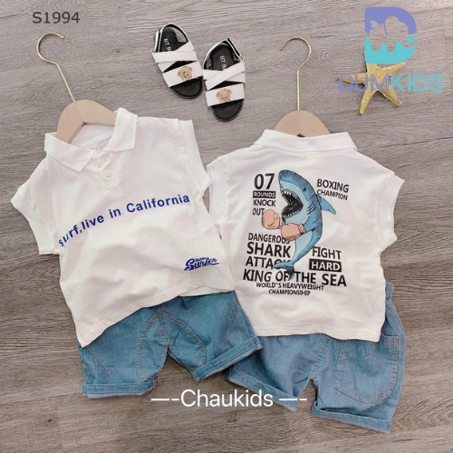 Bộ hè cho bé trai , set bộ quần áo chất cotton in hình cá mập phối quần short jeans siêu xinh cho bé
