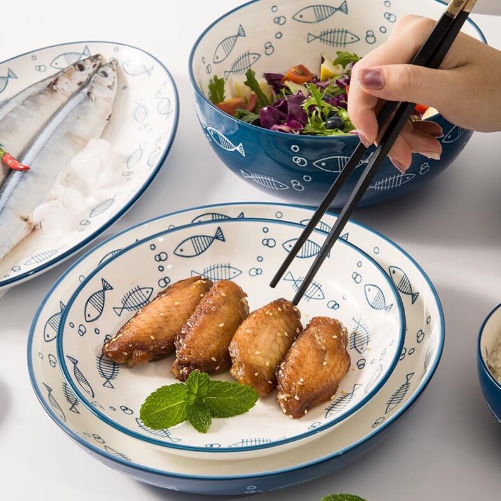 Bộ bát đĩa cá xanh lam nhẹ nhàng, tươi sáng