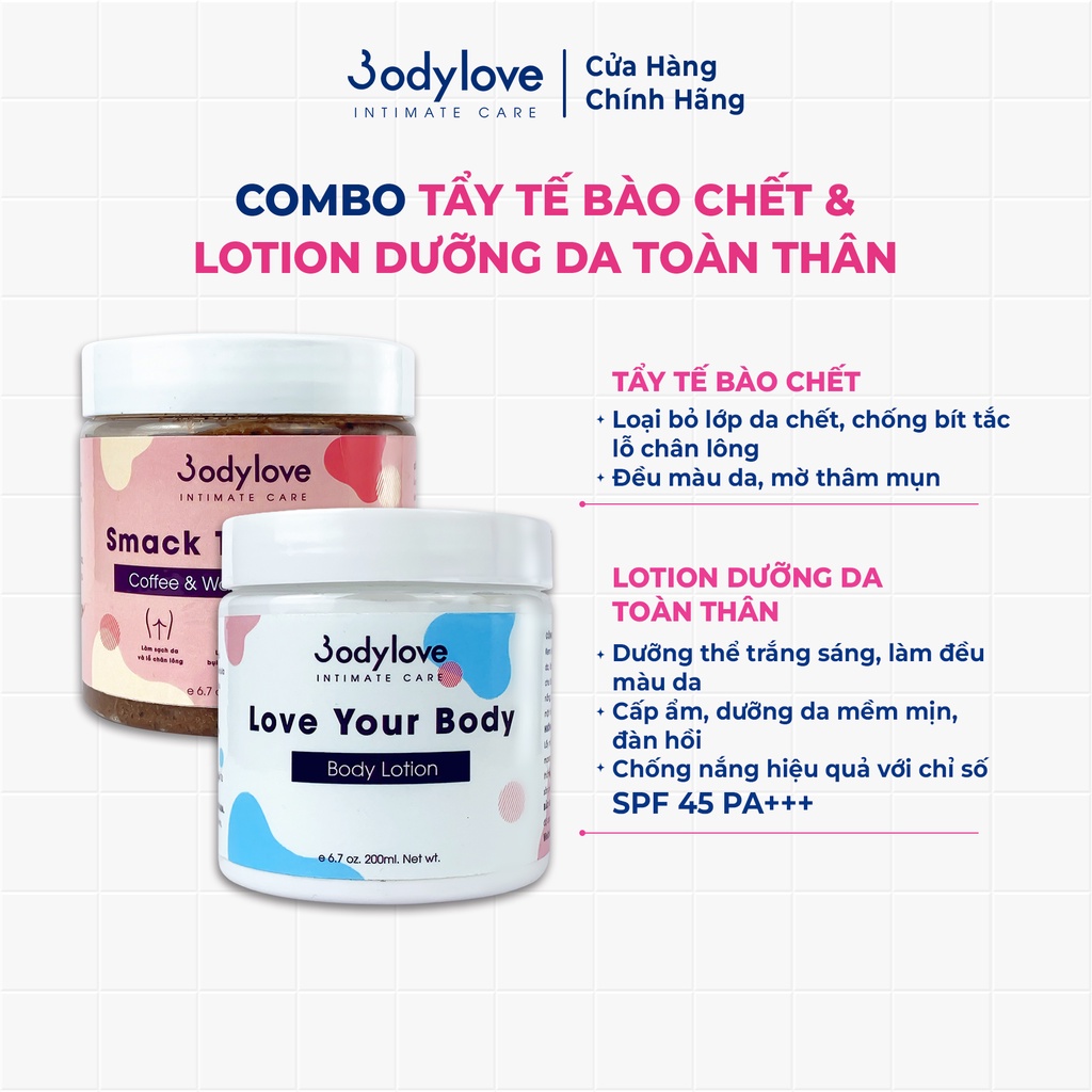 COMBO 1 hũ tẩy tế bào chết + 1 kem body dưỡng trắng da toàn thân, chống nắng BODYLOVE Love Your Body dạng lotion