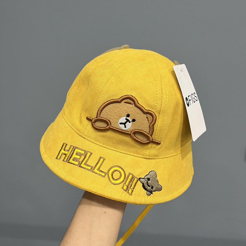 Mũ tai bèo họa tiết chú gấu hello phong cách Hàn Quốc thời trang dễ thương cho bé xanh vàng kem cam đỏ