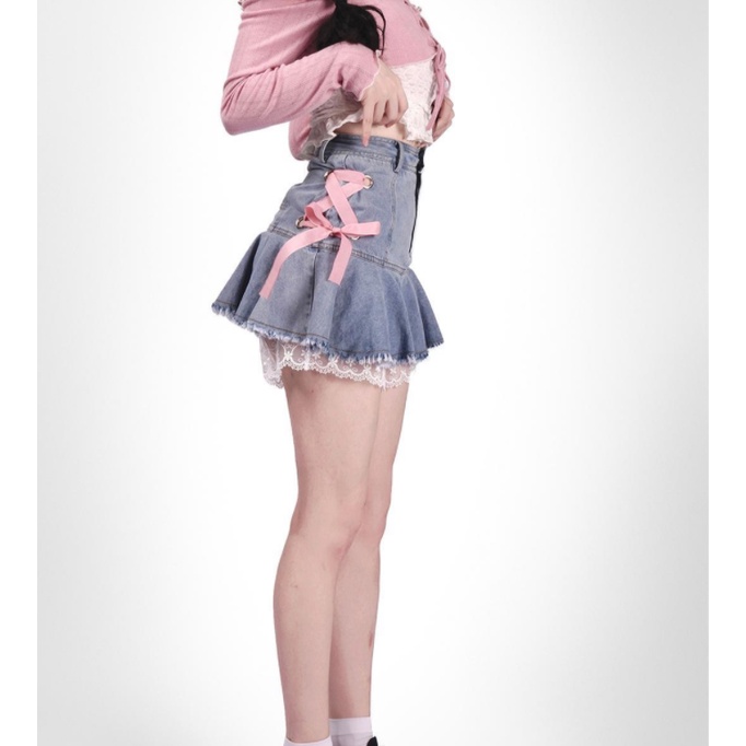 Jiashucheng Chân Váy Denim Buộc Dây Màu Hồng Và Sa Trắng Gạc Thay Đổi Cho Bé Gái