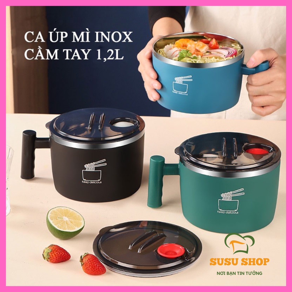 Ca úp mì inox cầm tay 1,2l , bát ăn mì inox có nắp đậy tiện lợi, với thiết kế 2 lớp cách nhiệt an toàn bền và đẹp