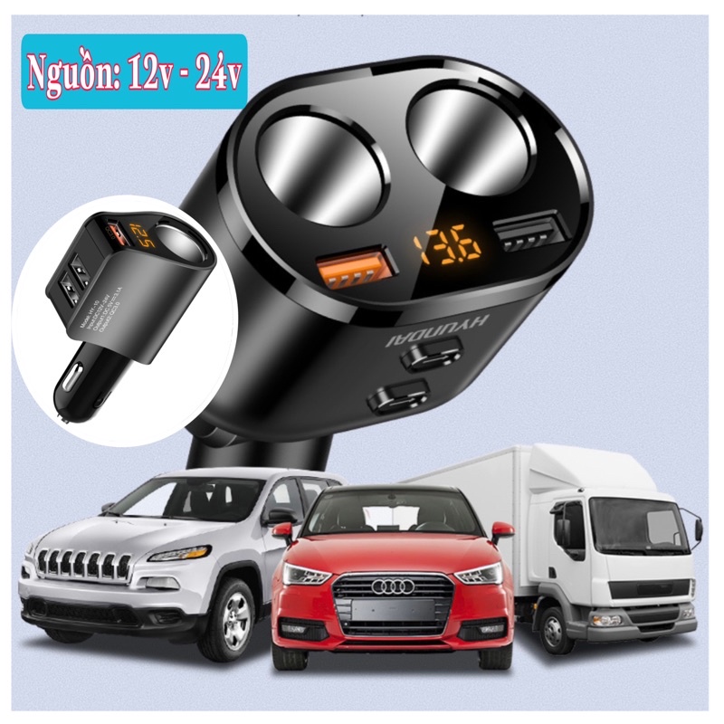 Tẩu sạc nhanh ô tô xe hơi Hyundai HY-10 HY-16 80w/120w QC3.0 có đèn led cảnh báo điện áp ắc quy - Cốc chia tẩu sạc nhanh