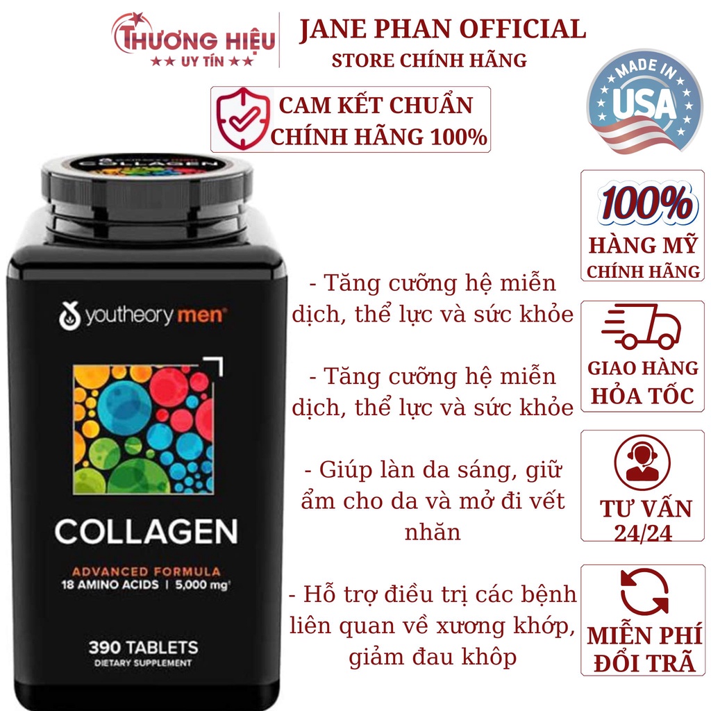 Viên uống Collagen men dành cho nam giới Youtheory Men’s Collagen Advanced Formula chai 390 viên của Mỹ