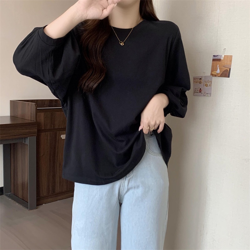 Áo thun SUXI tay dài dáng rộng thiết kế đơn giản dễ phối đồ thời trang xuân thu cho nữ