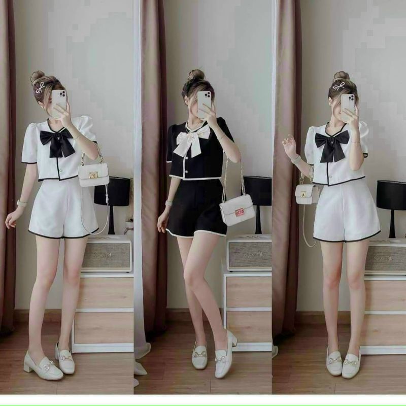 Set bộ thời trang nữ đi chơi dễ thương siêu xinh chất bố dạ cổ áo chạy viền quần đùi tay ngắn cổ tròn thắt nơ xinh xắn