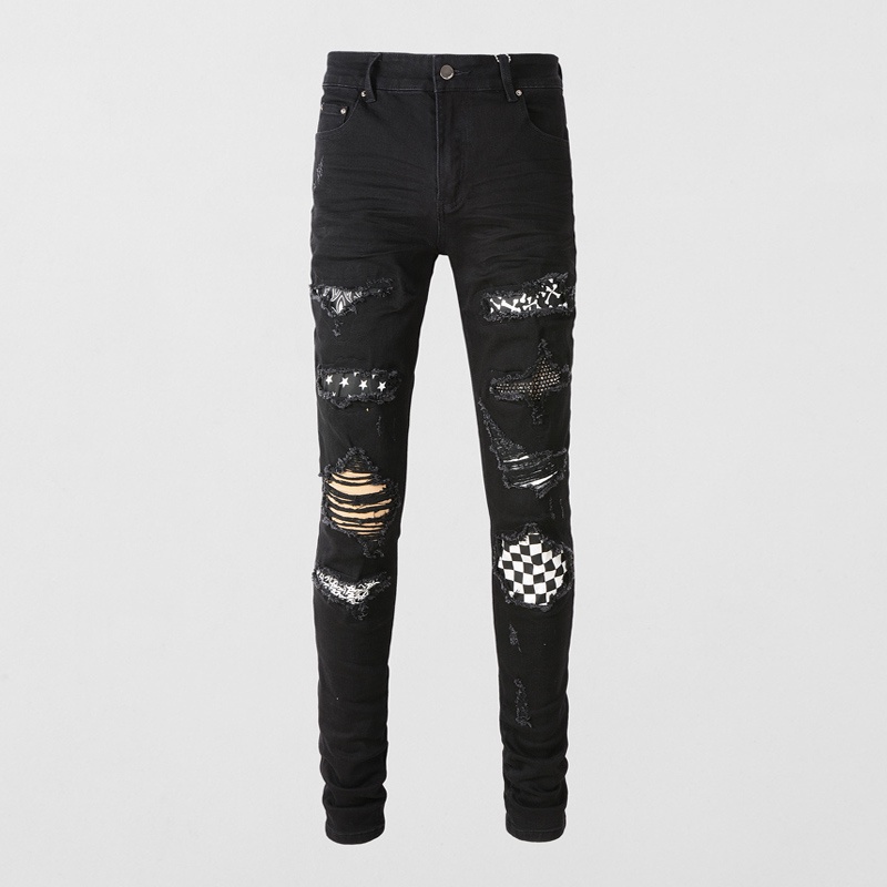 AMIRI Quần jean nam, ôm vừa vặn, kẻ caro xé rách #highstreetdenim