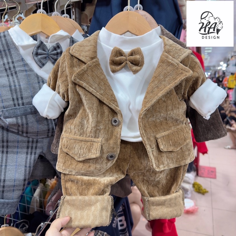 Set bộ Vest nhung 3 chi tiết cho bé trai hàng Cao Cấp
