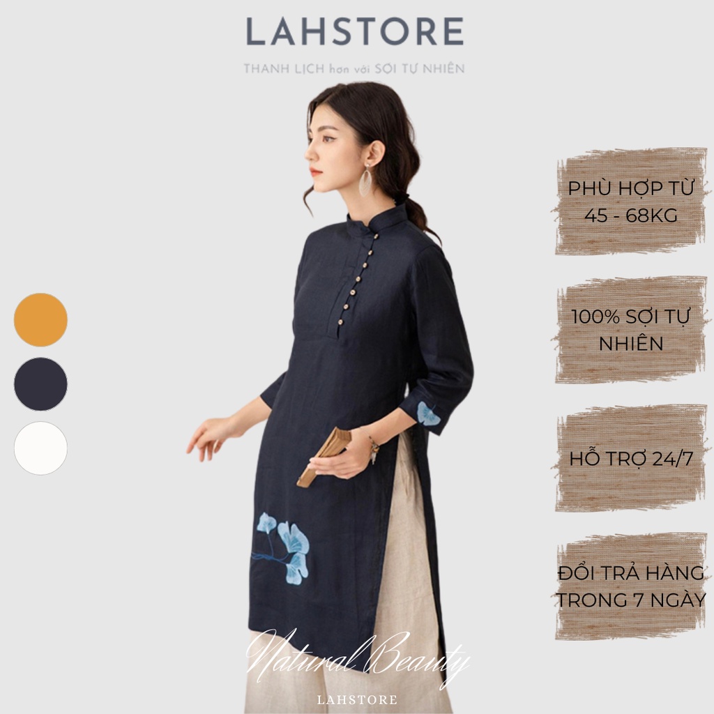 𝐋𝐀𝐇𝐒𝐓𝐎𝐑𝐄 - Áo dài cách tân nữ tay lỡ vải linen thêu hoa cúc lệch | 𝐁𝐒𝐓 𝐓𝐞̂́𝐭 𝟐𝟎𝟐𝟐 (Xanh Đen)