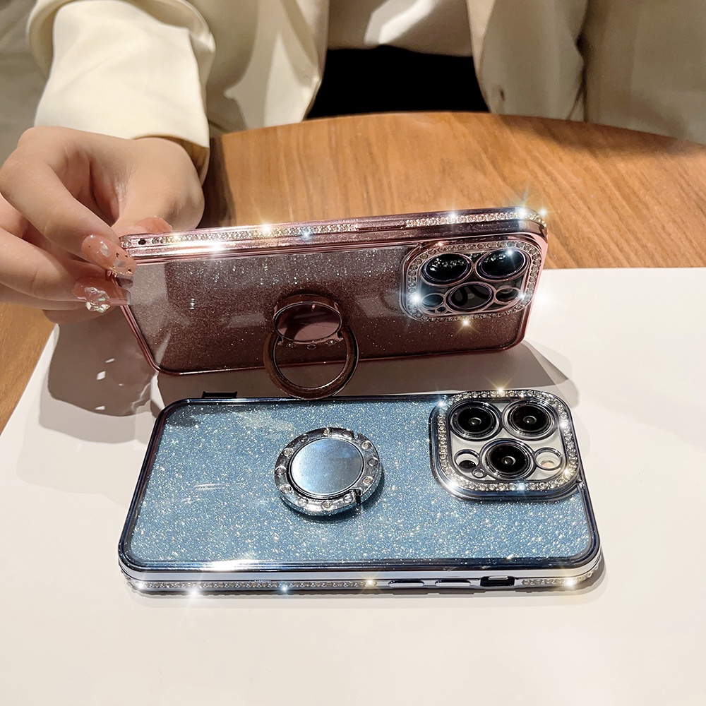 Ốp Điện Thoại Dẻo Đính Kim Cương Lấp Lánh Kèm Giá Đỡ Nhẫn Cho iphone 15 13 12 11 pro max iphone 14 pro max ip 14 plus