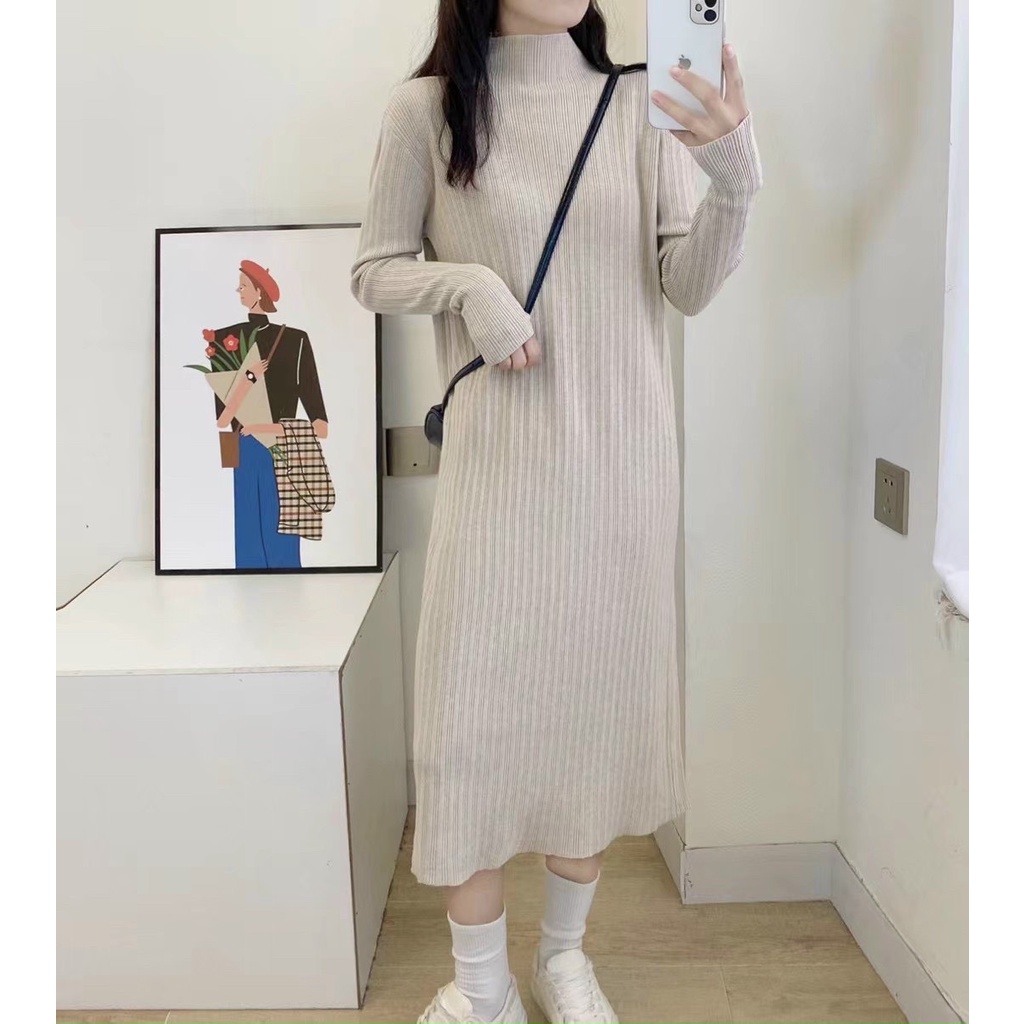 Váy len tăm suông cổ leo màu nào cũng dễ mặc hàng QC