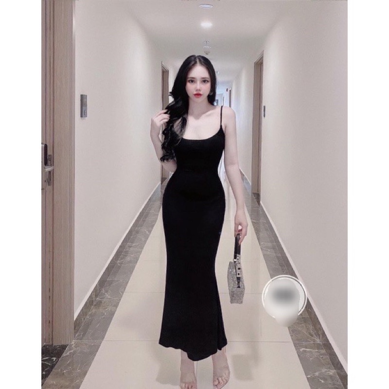 Đầm 2 dây body hở lưng có mút vải thun lạnh dáng dài qua gối