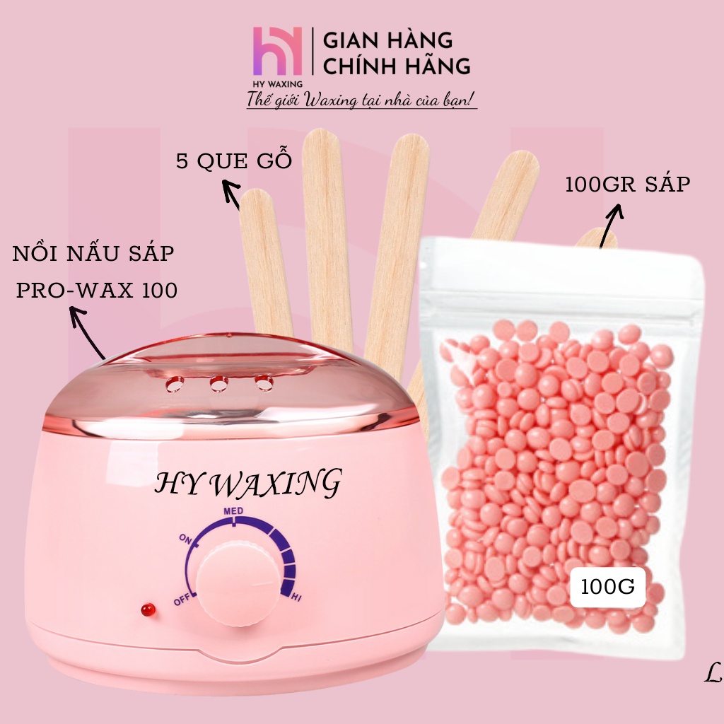 [CHE TÊN] Combo Nồi Nấu Sáp Wax Lông Hồng + 100gr Sáp Cao Cấp Siêu Bám Lông Tặng Kèm Que HY WAXING