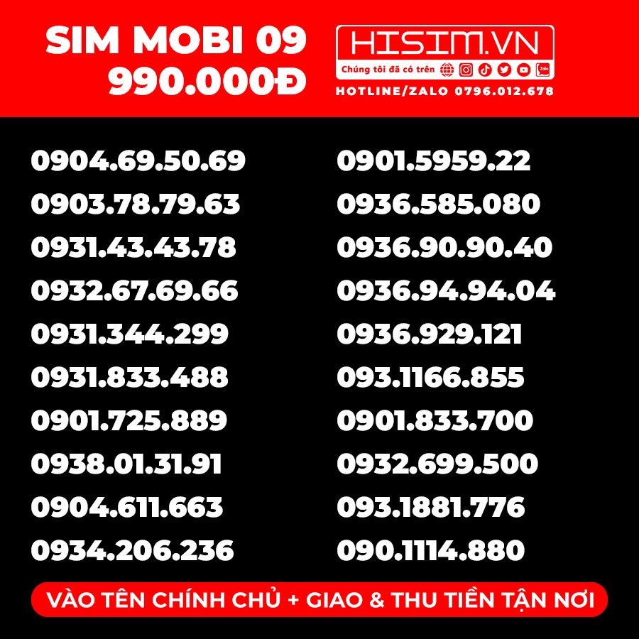 Sim Mobifone đẹp đầu số 09 đồng giá chỉ với 990.000đ sim trả trước vào tên chính chủ | HiSim.VN