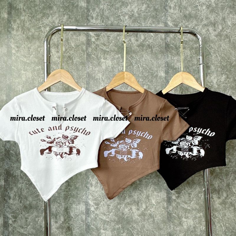 Áo Croptop Body Tay Ngắn MIRA.CLOSET, Dáng Ôm Hoạ Tiết In Hoa Hồng A5462