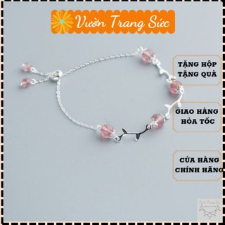 Vòng tay bạc S925 - Lắc tay bạc ý hình cành hoa đá hồng dâu nhạt cưng xỉu Vườn Trang Sức