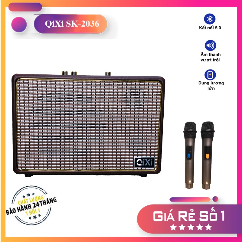 Loa Bluetooth Karaoke QiXi SK-2036 Bọc Da Tặng 2 Micro Không Dây, Loa Kéo Mini Âm Thanh Siêu Đỉnh Hàng Chính Hãng
